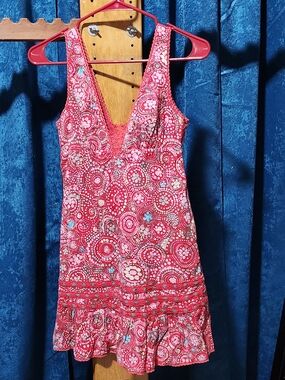 Vintage/Y2K -Free People Pink Circular Print V-Neck Mini Dress